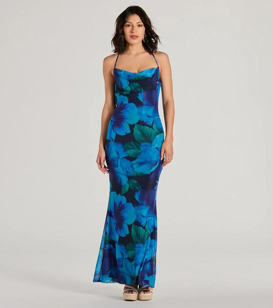 Ocean Breeze Cowl Neck Low Back Tropical Maxi Dress