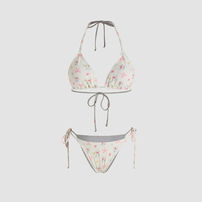 Cider [Size 2-10] V-Neck Floral Halter Tie Side Bikini Swimsuit