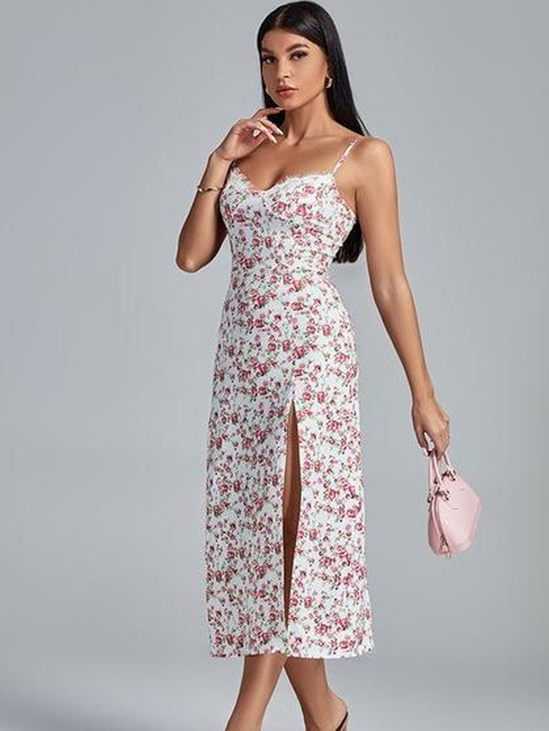 Really Nice Floral Printed Halter Slit Dress Casual Womenswear Women Lady Summer Casual Wear Fabric Polyester